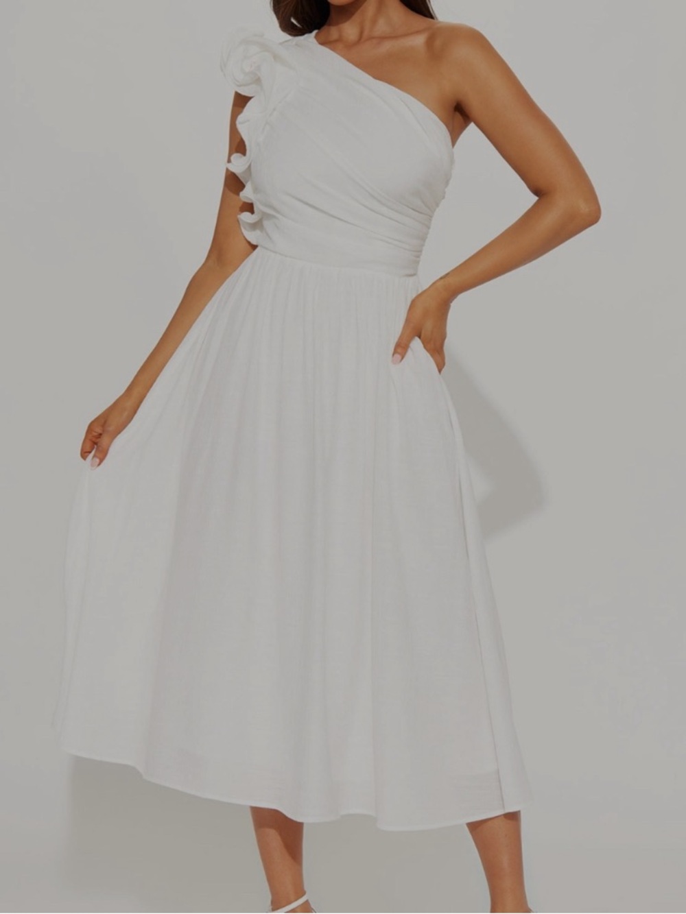 Fashion Nova White One-Shoulder Midi Dress with Ruffle Accent